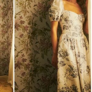 Davila Floral Print Puff Sleeve Linen Midi Dress